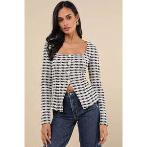 Lulus Curated Look Black And Ivory Plaid Long Sleeve Top - Size L